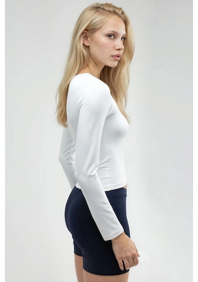 Hiccup Busem Slim Fit Yuvarlak Yaka Uzun Kollu Bluz Beyaz