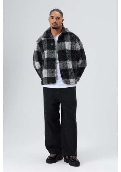 Vamos Oversize Peluş Ekose Ceket Siyah
