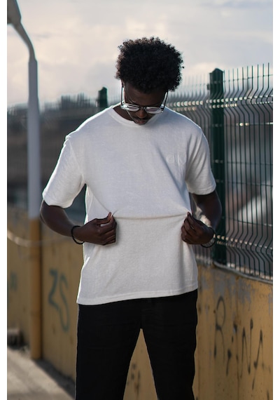 Bisiklet Yaka Havlu Kumaş Yarı Oversize Hafif Geniş Model T-Shirt Beyaz