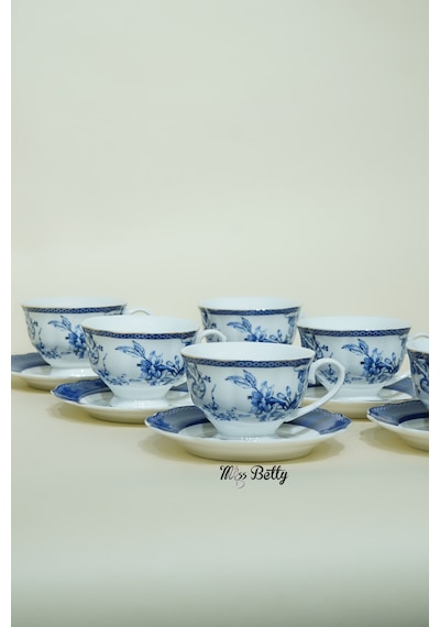 Blue Life New Bone 6 Kişilik Çay Fincan Takımı Çay Sunum Seti Beyaz - Mavi
