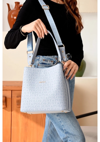 Just Polo Kadın Monogram Baskılı El Ve Omuz Çantası Ebat 25 X 25 Mavi