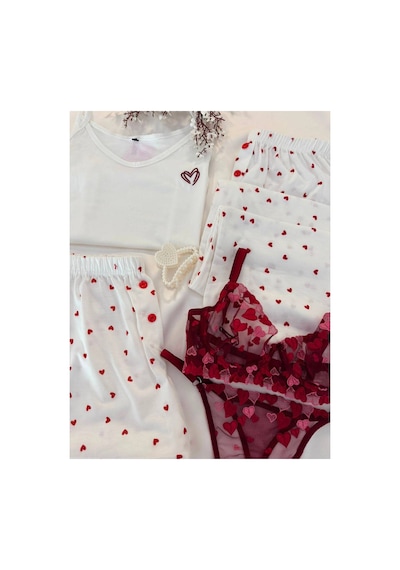 Mh Moony Homewears 5'li Çizik Kalp İç Giyim Penye Pijama Çeyiz Seti Kırmızı