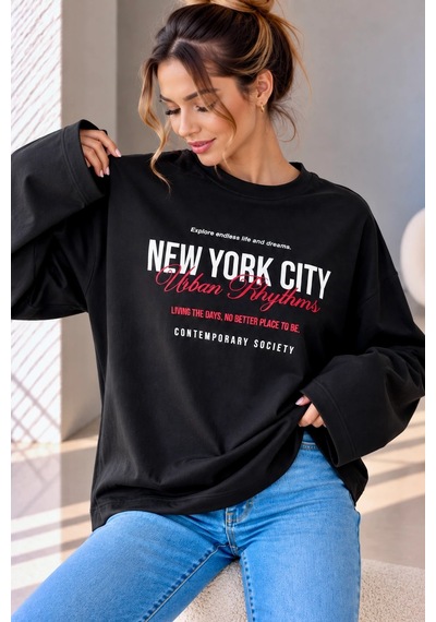 Bb Butik Basic Kadın Baskılı Bol Kollu Oversize İnce Sweatshirt Trend Model Mu3535 siyah
