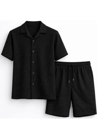 Etiler Collection Erkek Waffle Kumaş Kısa Kollu Gömlek Şort Takım Regular Fit Yazlık İkili Set - Siyah Etiler Collection Erkek Waffle Kumaş Kısa Kollu Gömlek Şort Takım Regular Fit Yazlık İkili Set - Siyah