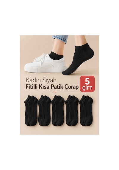 Worthy Socks 5'li Kadın Fitilli Kısa Siyah Patik Çorap