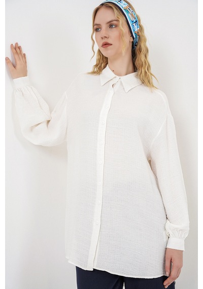 Bigdart Kadın Dokulu Oversize Tunik 5989 - Beyaz
