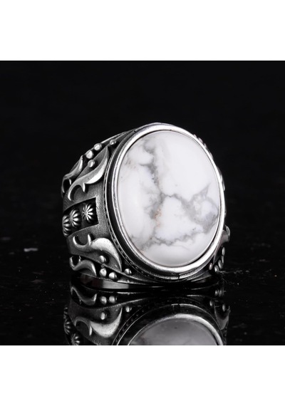 Doğal Howlite Taşlı Gümüş Yüzük, 925 Ayar Katı Gümüş Erkek Yüzüğü, Tasarım Gümüş Erkek Yüzüğü Gümüş