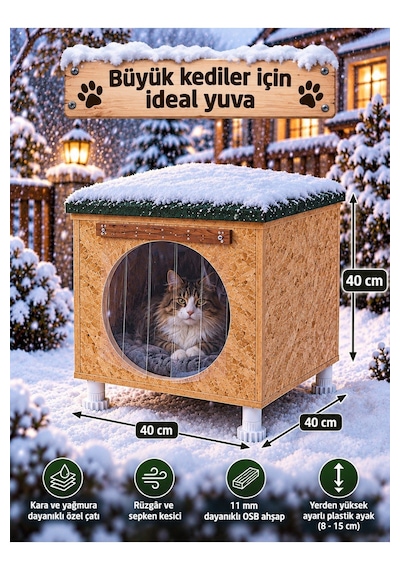 Reyo Narım 40x40x40 Cm Ahşap Kedi Evi Ve Kedi Yuvası Büyük Kediler İçin, 1 Kedilik Hazır Kurulu Kedi Barınağı