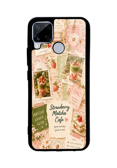 Realme C15 Strawberry Matcha Diary Tasarımlı Glossy Telefon Kılıfı Açık Pembe