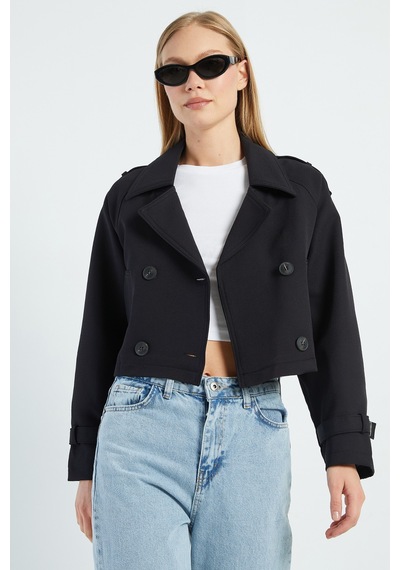 Fullamoda Kruvaze Yaka Çift Cepli Crop Trençkot Siyah