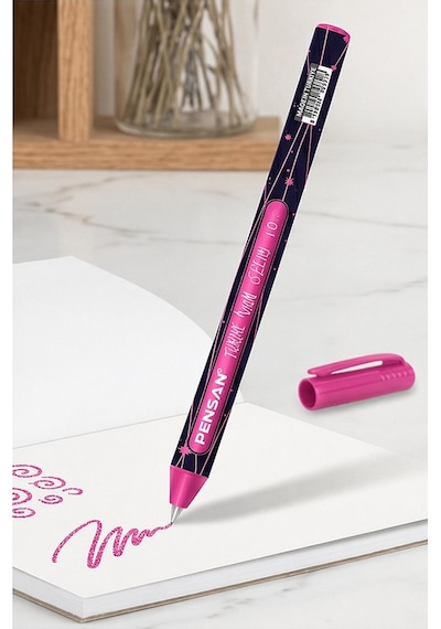 Pembe Simli Tükenmez Kalem 2 Adet Pensan Jely Simli Pilot Kalem Ergonomik Tutuş Yumuşak Yazım Siyah Defter Renkli