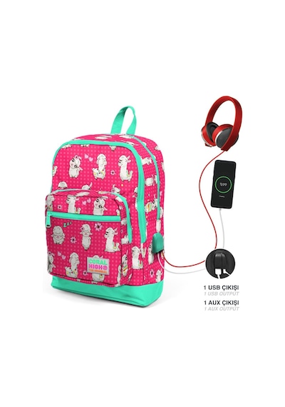 Coral High Kids Neon Mercan Su Yeşili Alpaka Desenli Dört Bölmeli USB'li Okul Sırt Çantası 23268