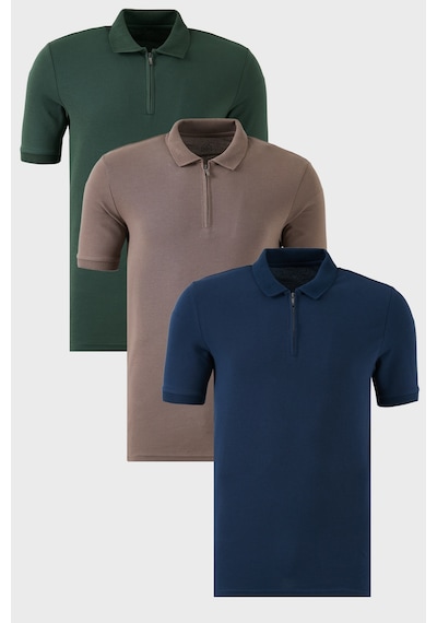 Buratti Pamuklu Regular Fit Yarım Fermuarlı 3'Lü Paket Erkek Polo Yaka T Shirt 5903008S3 Indigo-Nefti-Toprak