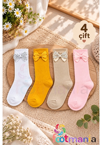 Footmania Kız Çocuk Kurdeleli 4 Çift Çorap Seti Extra Yumuşak Çok Renkli