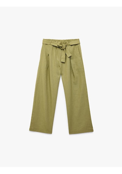 Koton Beli Bağlamalı Keten Ve Viskon Karışımlı Geniş Paça Pantolon Yeşil 6skg40093aw