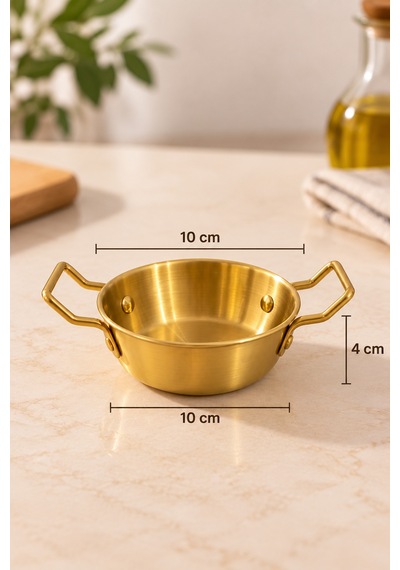 3 Lü Gold Mini Sunumluk Ve Sosluk Seti Çift Kulplu 10x10 Cm Kahvaltılık, Mezelik Ve Sos Kasesi