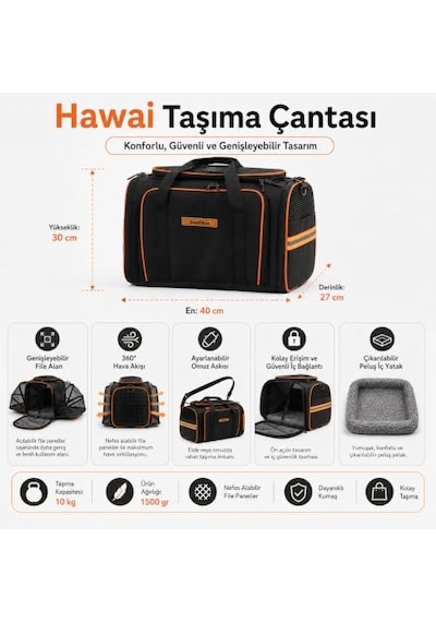 Yıkanabilir Kedi Ve Köpek Çantası Hawaii Fileli Kedi Omuz Cantası Model Siyah