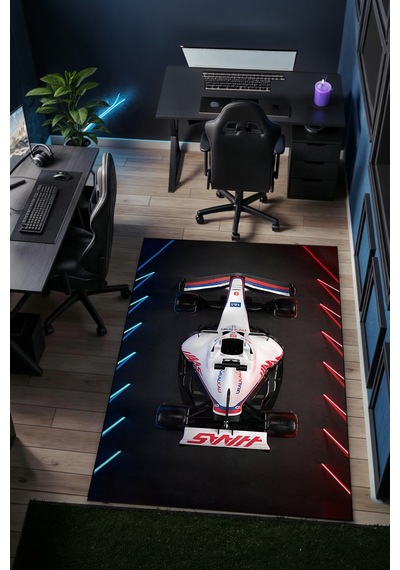Formula 1 Beyaz Yarış Arabası Halı Kaymaz Taban Yıkanabilir Modern Halı F1.5