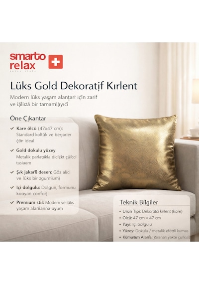 Smarto Relax Luxe Altın Dekoratif Dolgolu Kırlent 45 X 45 Cm Gold
