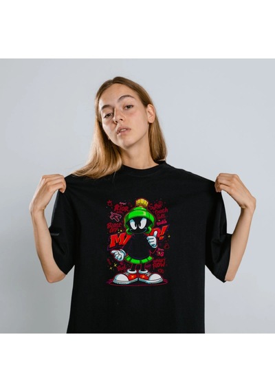 Freedom Store Marvin The Martian Graffiti Baskılı Unisex Siyah Tişört - 24/1 Penye Pamuklu