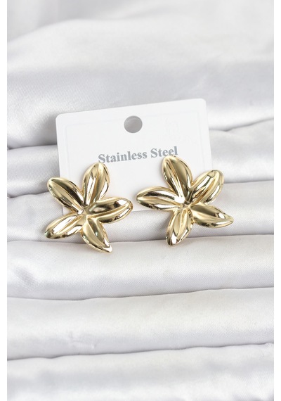 316l Çelik Gold Renk Lotus Çiçeği Model Kadın Küpe Altın