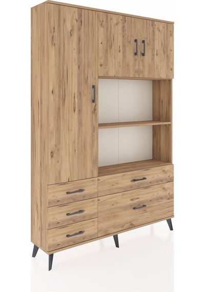 Arges Dolap 7 Raflı 5 Çekmeceli 3 Kapaklı 132x30x195 Çam-çam/çam Çam