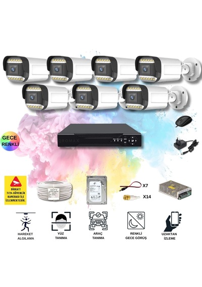 Qromax 7 Kameralı Set - Yapay Zeka Özellikli Gece Renkli Gösteren 5mp Sony Lensli 12 Warm Ledli Fullhd Güvenlik Kamerası Seti 312w-108