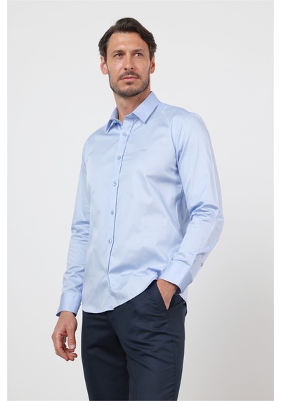 İmza Açık Mavi Sert Yaka Uzun Kol Cepsiz Saten Slim Fit Pamuk Gömlek 1004260424 2XL
