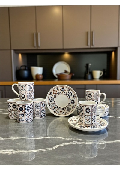 Kahve Fincanı - Porselen 6 Kişilik Ceramic Desen Kahverengi