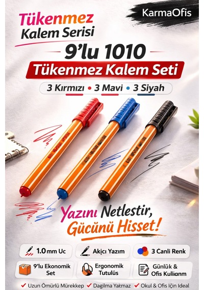 1010 Tükenmez Kalem Seti 1.0 Mm Mavi Kırmızı Siyah Uzun Ömürlü Ofis & Okul Kalemi 9 Lu Set Beyaz
