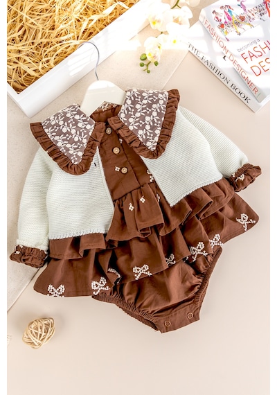 Babymod Çicek Nakışlı Romper Kız Bebek Elbise Kahverengi