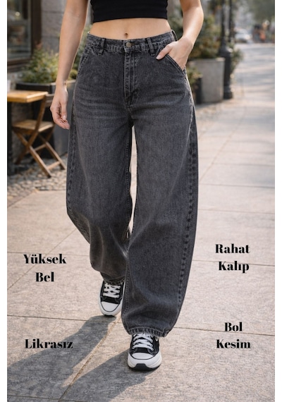 Cedy Denim Cedy Denım Yüksek Kalite Kadın Yüksek Bel Baggy Skater Jean Antrasit