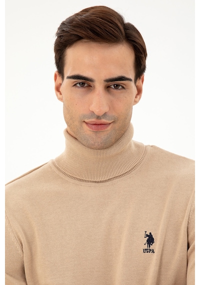 U.S. Polo Assn. Erkek Slim Fit Boğazlı Yaka Kum Melanj Basic Kazak 50293523-VR123