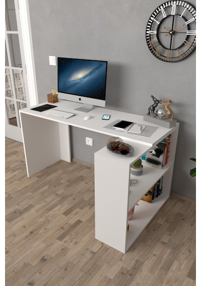 Moonlife Atlas Kitaplıklı Çalışma Masası, Bilgisayar Masası Beyaz