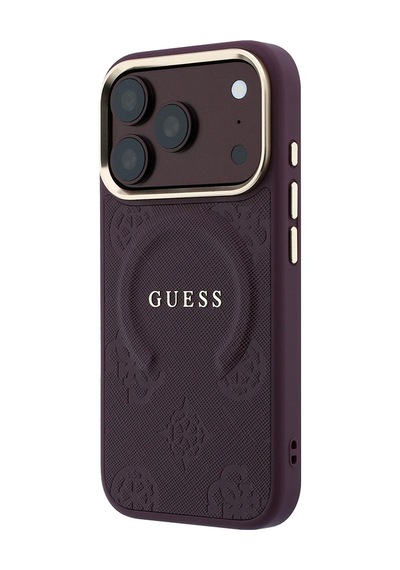 Apple iPhone Uyumlu 18 Pro Max Kılıf Guess Lisanslı M-safeli Baskılı Yazı Logolu C-magnet Pu Peony Kapak Bordo