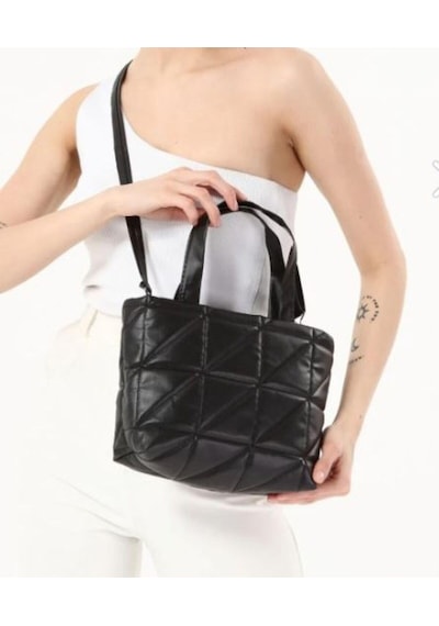 Mubiano 840-s Orta Boy Kapitone Desen Kadın Askılı Siyah Fermuarlı Tote Bag Alışveriş Çantası Siyah