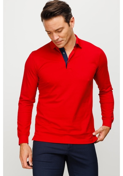 Desen Triko Erkek Polo Yaka Uzun Kollu Sweatshirt Kırmızı Kırmızı