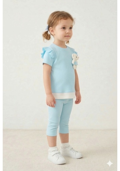 Harika Kids Kız Bebek Ayıcıklı Yazlık Alt Üst Takım %100 Pamuk Penye 1-3 Yaş Mavi