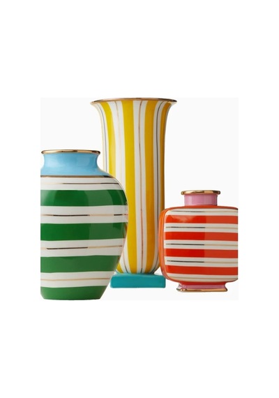 Jonathan Adler Portofino Çizgili Porselen Dekoratif Tasarım Vazo Beyaz