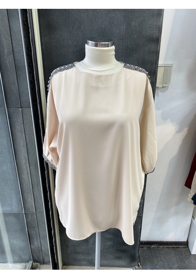 Pera Moda Büyük Beden Yakası Ve Kol Manşeti Taşlı Oversize Uzun Gömlek Taş