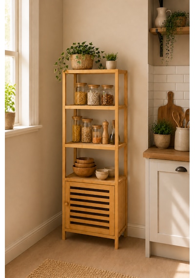 Robin Home Bambu Tek Kapaklı 4 Raflı Çok Amaçlı Düzenleyici Organizer Dolap Bej