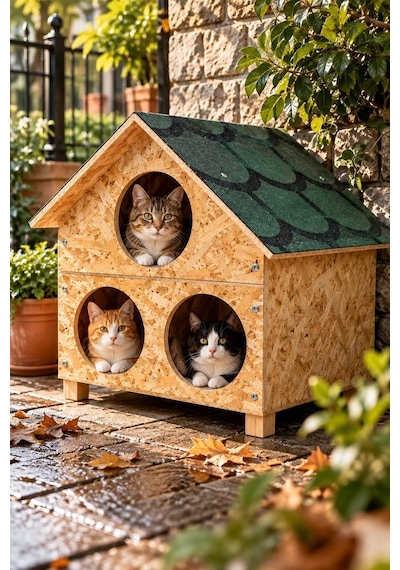 Reyo 3 Bölmeli Büyük Kedi Evi Osb Su Yalıtımlı Rüzgar ve Soğuğa Dayanıklı Ahşap Kedi Evi Sokak Hayvanları İçin Kedi Barınağı Kedi Yuvası 58 x 58 x 40 CM CAT28