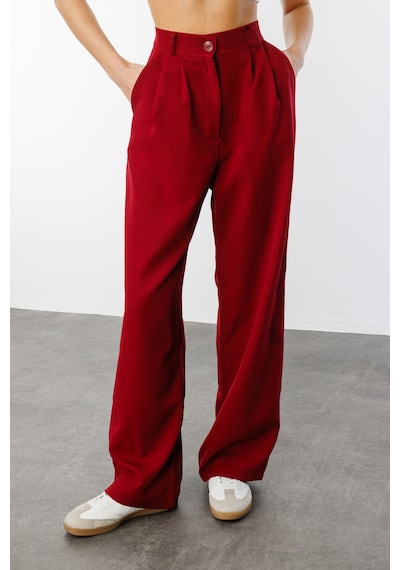Genius Store Kadın Pileli Kumaş Yüksek Bel Palazzo Pantolon Pantolon-002 Bordo