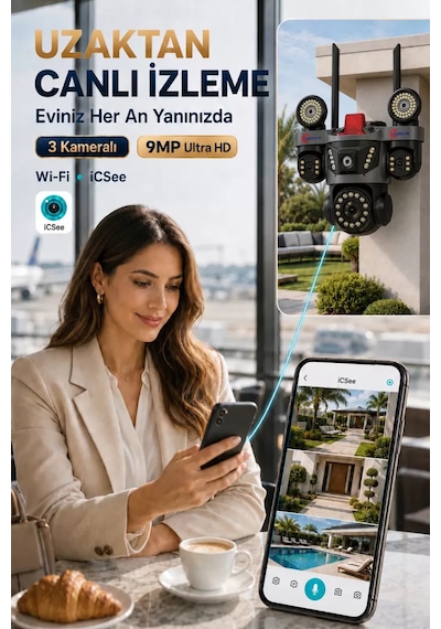 İcsee 9003 9mp 3 Lens Wifi Güvenlik Kamerası, Motorlu Gece Görüşlü Dış Mekan Kamera, 32gb Kart Ve Adaptör