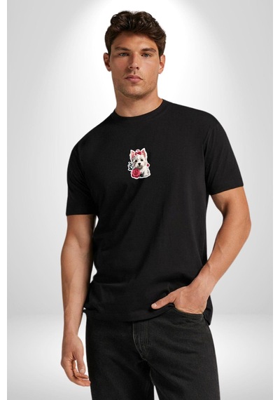 Beyaz Highland Teriyeri Kırmızı Gül Siyah Oversize Unisex Ön Orta Minimal Baskılı Tişört Siyah Beyaz Highland Teriyeri Kırmızı Gül Siyah Oversize Unisex Ön Orta Minimal Baskılı Tişört Siyah