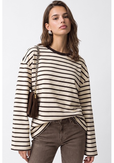 Mixray 2236 Çizgili Bisiklet Yaka Uzun Kol Oversize Sweatshirt Kahve