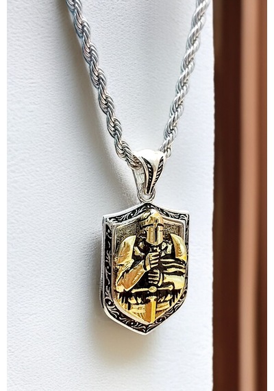 Ak Store Silver Gümüş Kaplama Krom-Çelik Erkek Kolye Madalyon Spartalı Şovalye Kalkan Gümüş