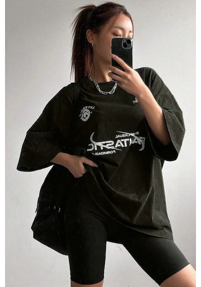 Fantastic Baskılı Unisex Oversize Tshirt Siyah