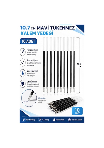 Mavi Plastik Tükenmez Kalem Yedeği 10 Adet 10.7 Cm Tükenmez Kalem İçi Yedek Plastik Tükenmez Kalem İçi Okul Ofis Jel