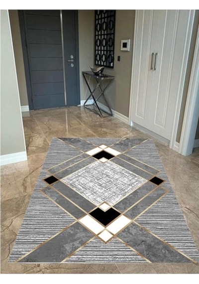 Kaymaz Tabanlı Halı Yıkanabilir Halı Kilim Yolluk Dijital Baskı Gri - Beyaz